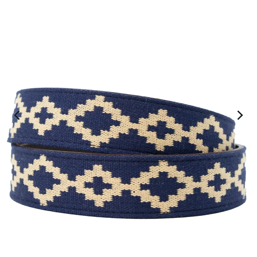 Brown Leather & Navy Patterned Men's Belt